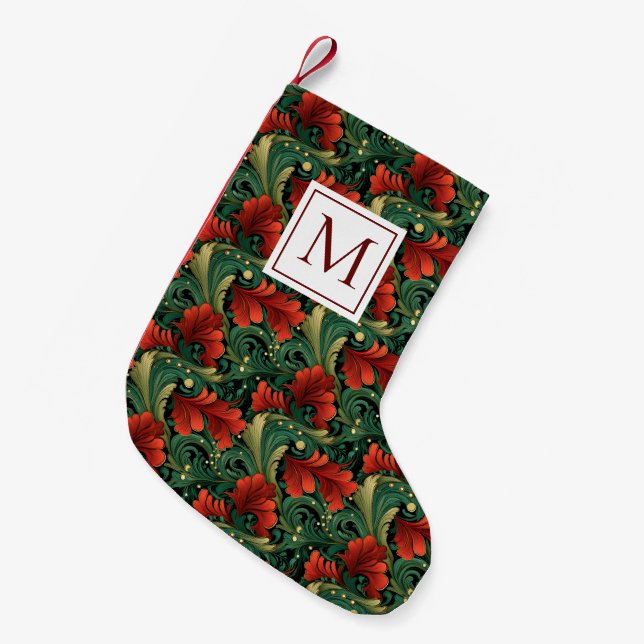 Petite Chaussette De Noël Monogramme Noël Vert Rouge Art Nouveau (Devant (Accrochage))