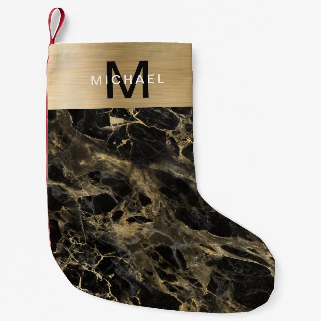Petite Chaussette De Noël Monogramme Or Marbre noir métallique (Devant)