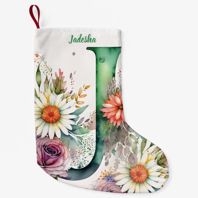 Petite Chaussette De Noël Monogramme personnalisé Aquarelle florale personna (Devant)