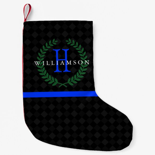 Petite Chaussette De Noël Monogramme personnalisé Ligne bleue mince (Devant)
