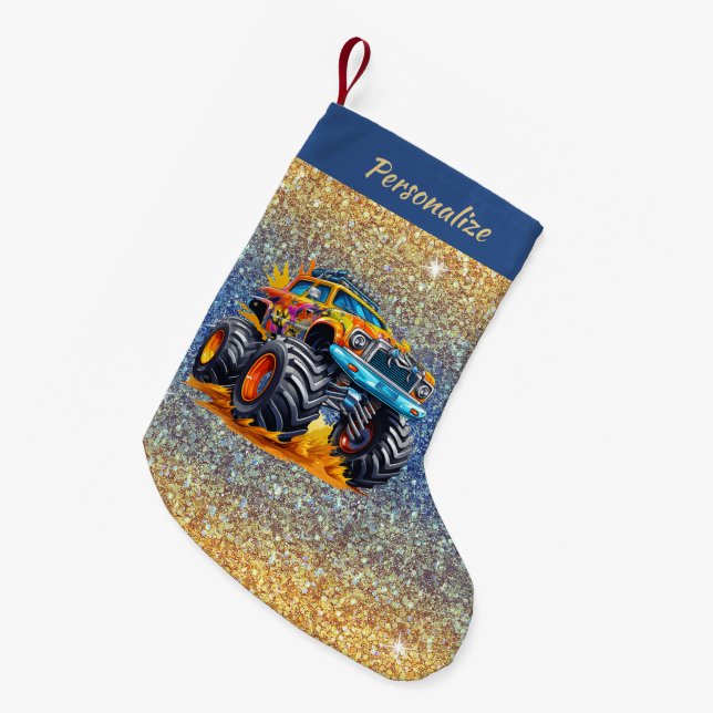 Petite Chaussette De Noël Monster Truck Flames Glitter Background Christmas (Devant (Accrochage))