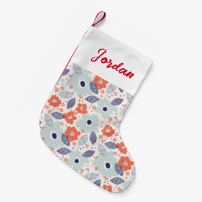 Petite Chaussette De Noël Motif à fleurs moderne orange et bleu (Devant (Accrochage))