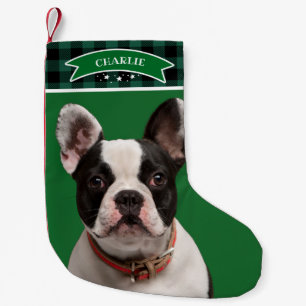 Petite Chaussette De Noël Motif carreaux verts personnalisé photo chien