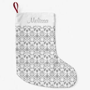 Petite Chaussette De Noël Motif damassé gris avec nom personnalisé