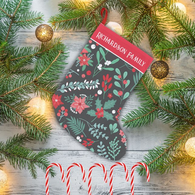 Petite Chaussette De Noël Motif de fleur de Noël personnalisé nom de famille (Créateur téléchargé)
