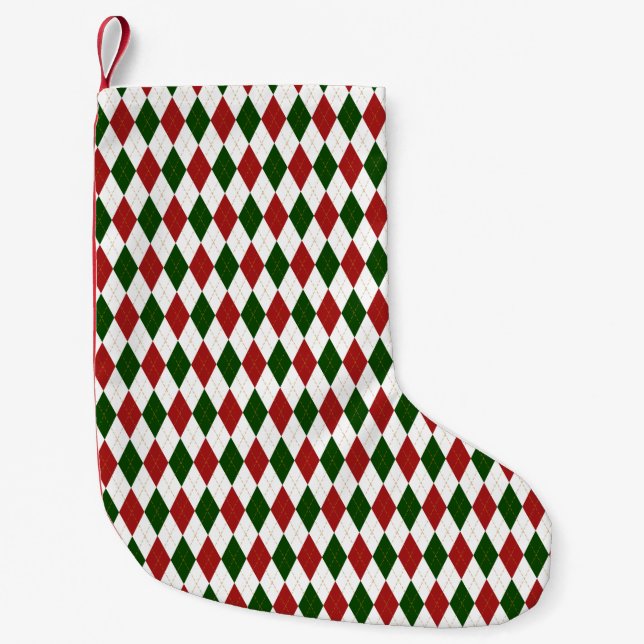 Petite Chaussette De Noël Motif de Jacquard Diamant Arlequin rouge et vert (Devant)