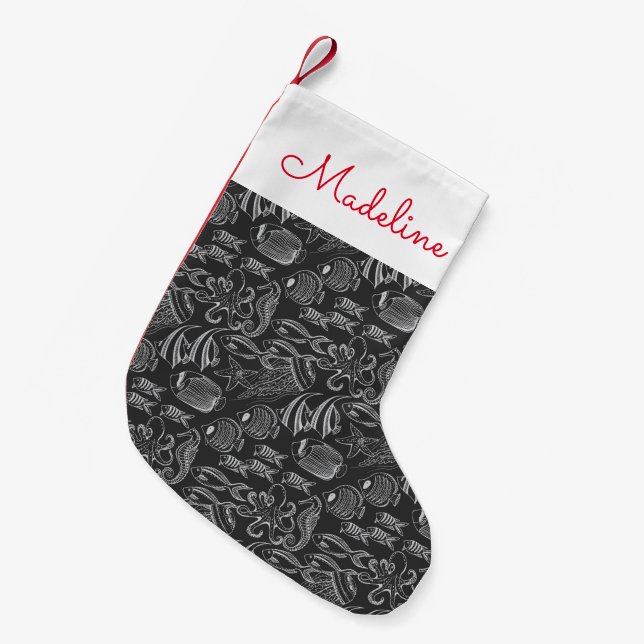 Petite Chaussette De Noël Motif de la mer Noire| Ajouter votre nom (Devant (Accrochage))