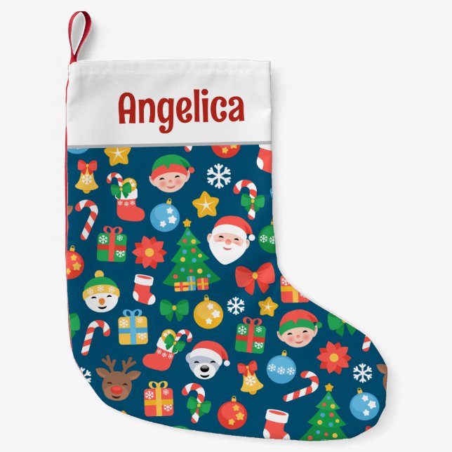 Petite Chaussette De Noël Motif de Noël joyeux sur bleu (Devant)