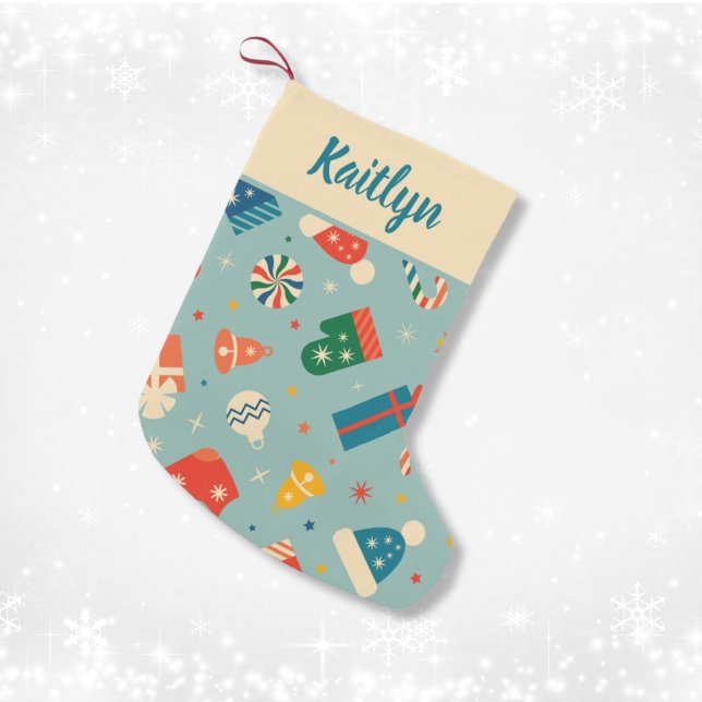 Petite Chaussette De Noël Motif de Noël rétro Nom personnalisé (Retro Christmas Pattern Custom Name Small Christmas Stocking
)