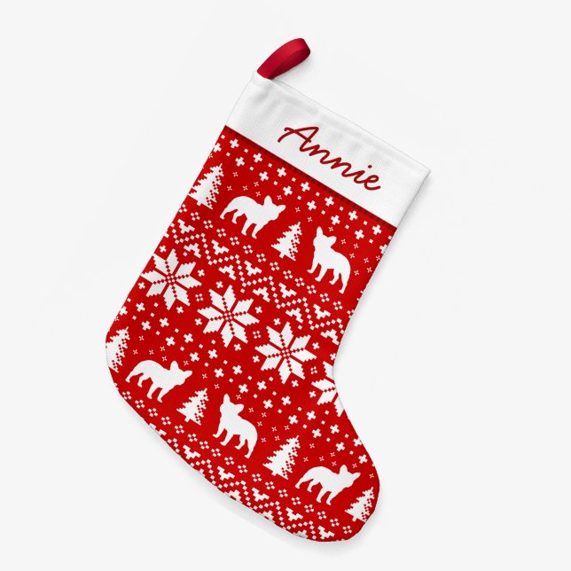 Petite Chaussette De Noël Motif des silhouettes de Bulldog français rouge et (Devant (Accrochage))