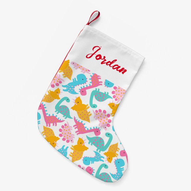 Petite Chaussette De Noël Motif Dinosaur rose et Turquoise (Devant (Accrochage))
