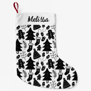 Petite Chaussette De Noël Motif Doodle de Noël noir et blanc