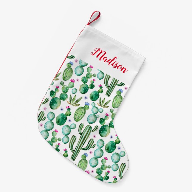 Petite Chaussette De Noël Motif d'usines de cactus d'aquarelle (Devant (Accrochage))