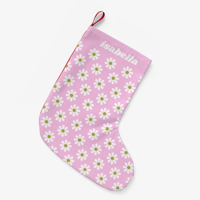 Petite Chaussette De Noël Motif Fleur Retro Daisy en rose Personnalisé (Devant (Accrochage))