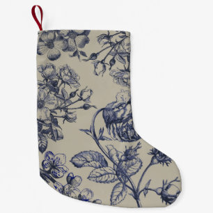 Petite Chaussette De Noël Motif floral botanique toile bleue vintage antique