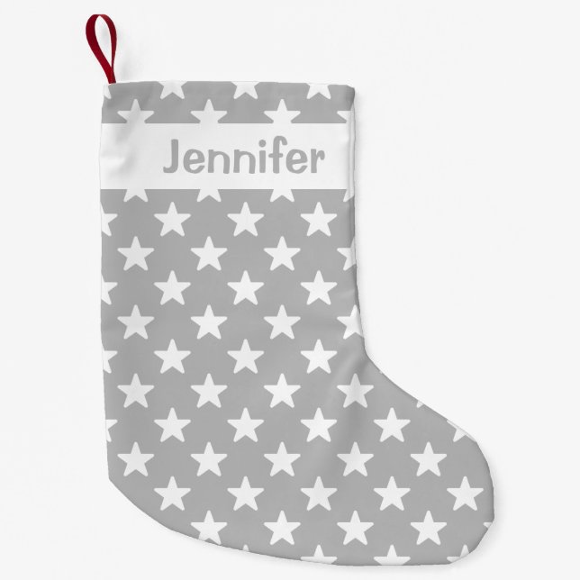 Petite Chaussette De Noël Motif Gris Et Blanc Étoile Avec Nom Personnalisé (Devant)