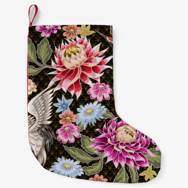 Petite Chaussette De Noël Motif japonais avec fleurs et grues blanches (Devant)