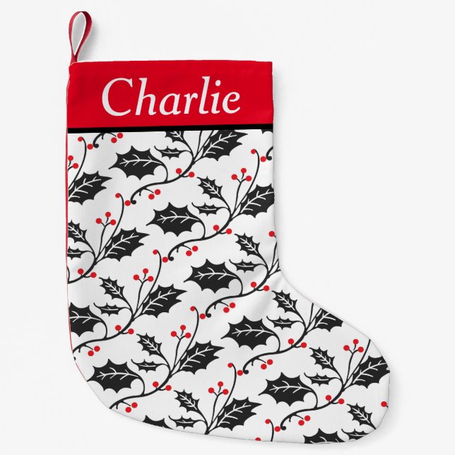 Petite Chaussette De Noël Motif moderne rouge et noir Holly personnalisé (Devant)