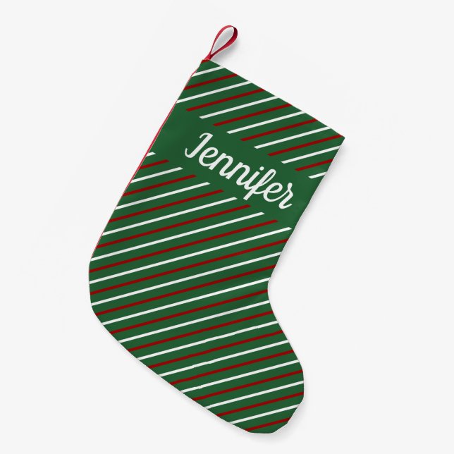 Petite Chaussette De Noël Motif moderne vert rayé Nom (Devant (Accrochage))