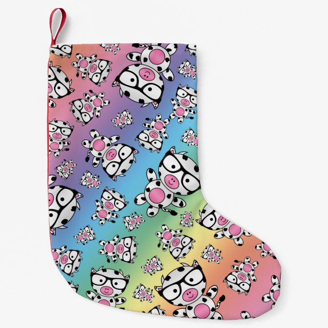Petite Chaussette De Noël Motif nerd de vache à arc-en-ciel (Devant)