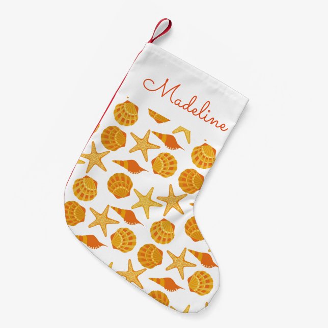 Petite Chaussette De Noël Motif Orange Beach Shell| Ajouter votre nom (Devant (Accrochage))