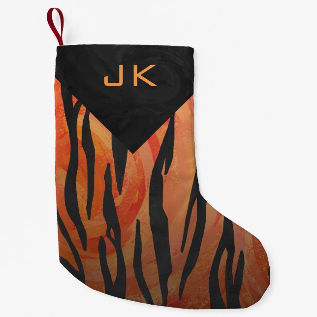 Petite Chaussette De Noël Motif orange de tigre de monogramme et noir chaud (Devant)