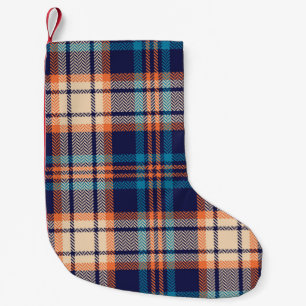 Petite Chaussette De Noël Motif plaid coloré en bleu, orange, beige. Sa