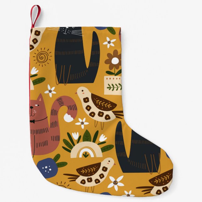 Petite Chaussette De Noël Motif sans couture avec chats mignons et oiseau. t (Devant)