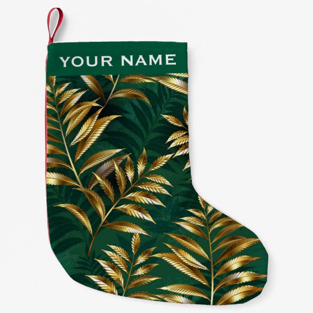 Petite Chaussette De Noël Motif sans couture avec des fougères dorées (Devant)
