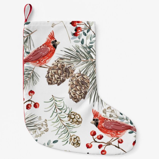 Petite Chaussette De Noël Motif sans soudure de Noël, oiseaux cardinaux, rou (Devant)