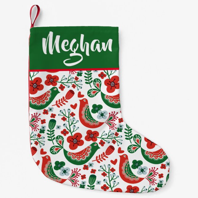 Petite Chaussette De Noël Motif scandinave d'oiseaux de Noël - Personnalisé (Devant)