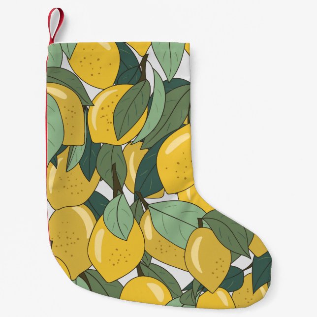 Petite Chaussette De Noël Motif tropical aux citrons jaunes. (Devant)