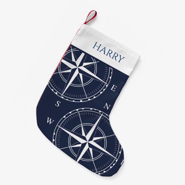 Petite Chaussette De Noël Navires nautiques Compass Marine Bleu Côte (Devant (Accrochage))