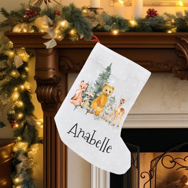 Petite Chaussette De Noël Noël Bois Animal Aquarelle Nom (Créateur téléchargé)