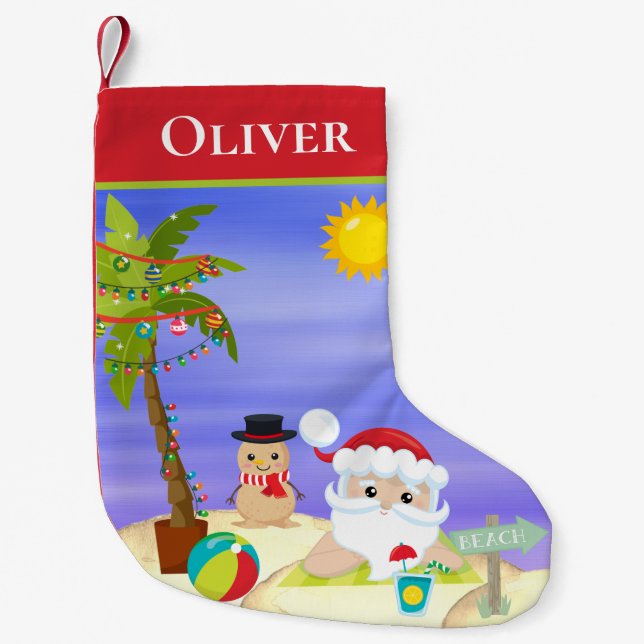 Petite Chaussette De Noël Noël Été Père Noël Plage Enfants Personnalisé (Devant)