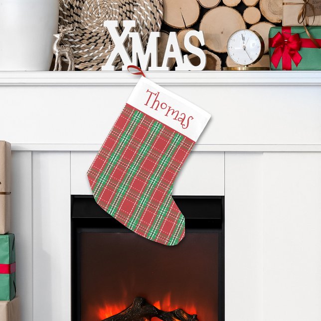 Petite Chaussette De Noël Noël Fête Russe Ferme Rouge Plaid (Classic red and green holiday plaid pattern stockings)