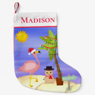 Petite Chaussette De Noël Noël Flamant rose d'été Plage Nom personnalisé
