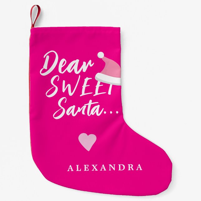 Petite Chaussette De Noël Noël moderne cher Père Noël script votre nom rose (Devant)