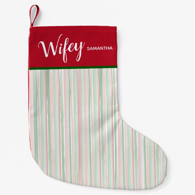 Petite Chaussette De Noël Noël Rouge et Vert Aquarelle Rayures Wifey (Devant)