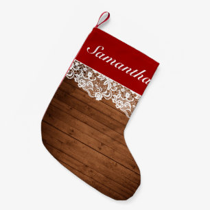 Petite Chaussette De Noël Noël Rustique en bois et dentelle blanche