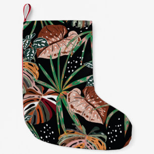 Petite Chaussette De Noël Noir tropical : Motif de forêt exotique foncé