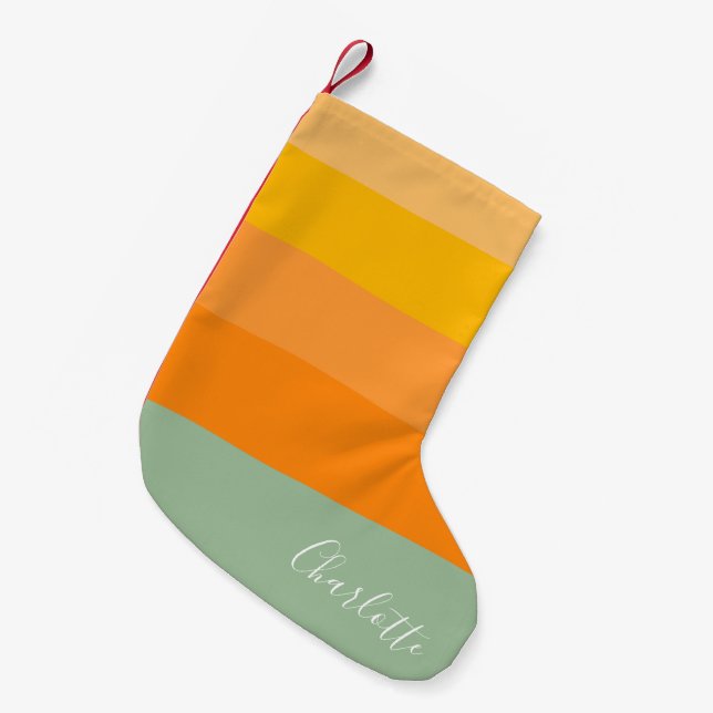 Petite Chaussette De Noël Nom de script personnalisé Jaune Orange rayé (Devant (Accrochage))