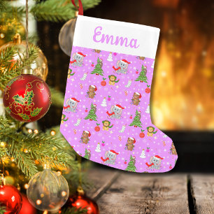 Petite Chaussette De Noël Nom des Animaux de Zoo Bébés Célébrant Noël Rose