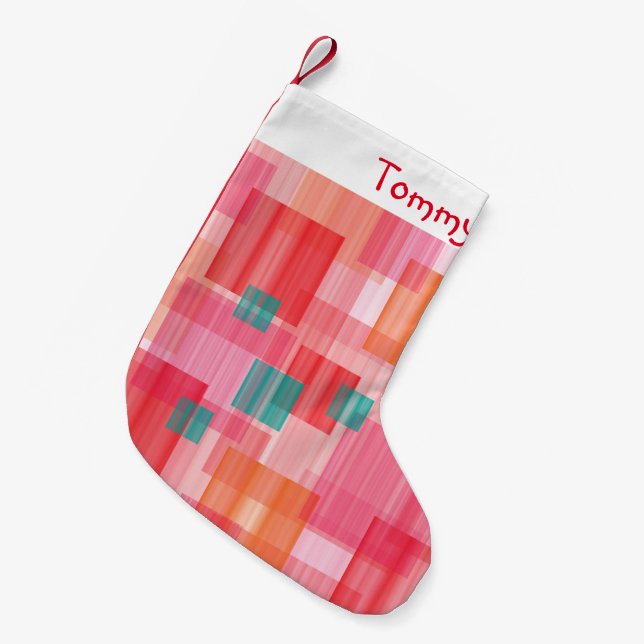 Petite Chaussette De Noël Nom des Carrés géométriques turquoises rose rouge  (Devant (Accrochage))