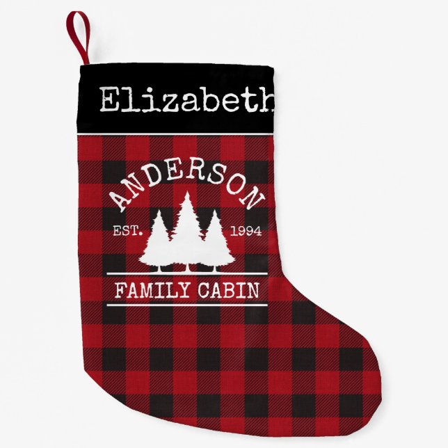 Petite Chaussette De Noël Nom du Cabine de famille Red Buffalo Plaid (Devant)