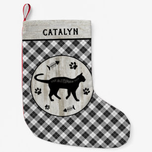 Petite Chaussette De Noël Nom du chat Rustic Farmhouse Checker Plaid Wood Pa
