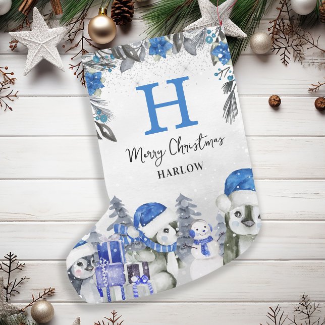 Petite Chaussette De Noël Nom du monogramme de pingouin bleu enfant (Créateur téléchargé)