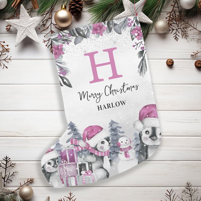 Petite Chaussette De Noël Nom du monogramme de pingouin rose pour enfants (Créateur téléchargé)