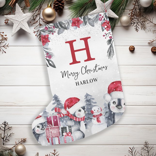 Petite Chaussette De Noël Nom du monogramme de pingouin rouge pour enfants (Créateur téléchargé)