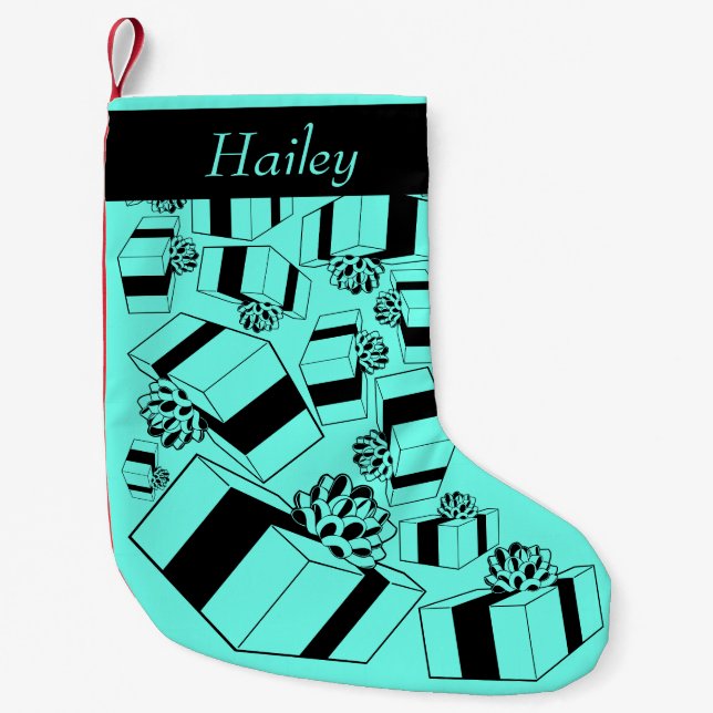 Petite Chaussette De Noël Nom personnalisé Aqua Black Cadeaux Motif (Devant)